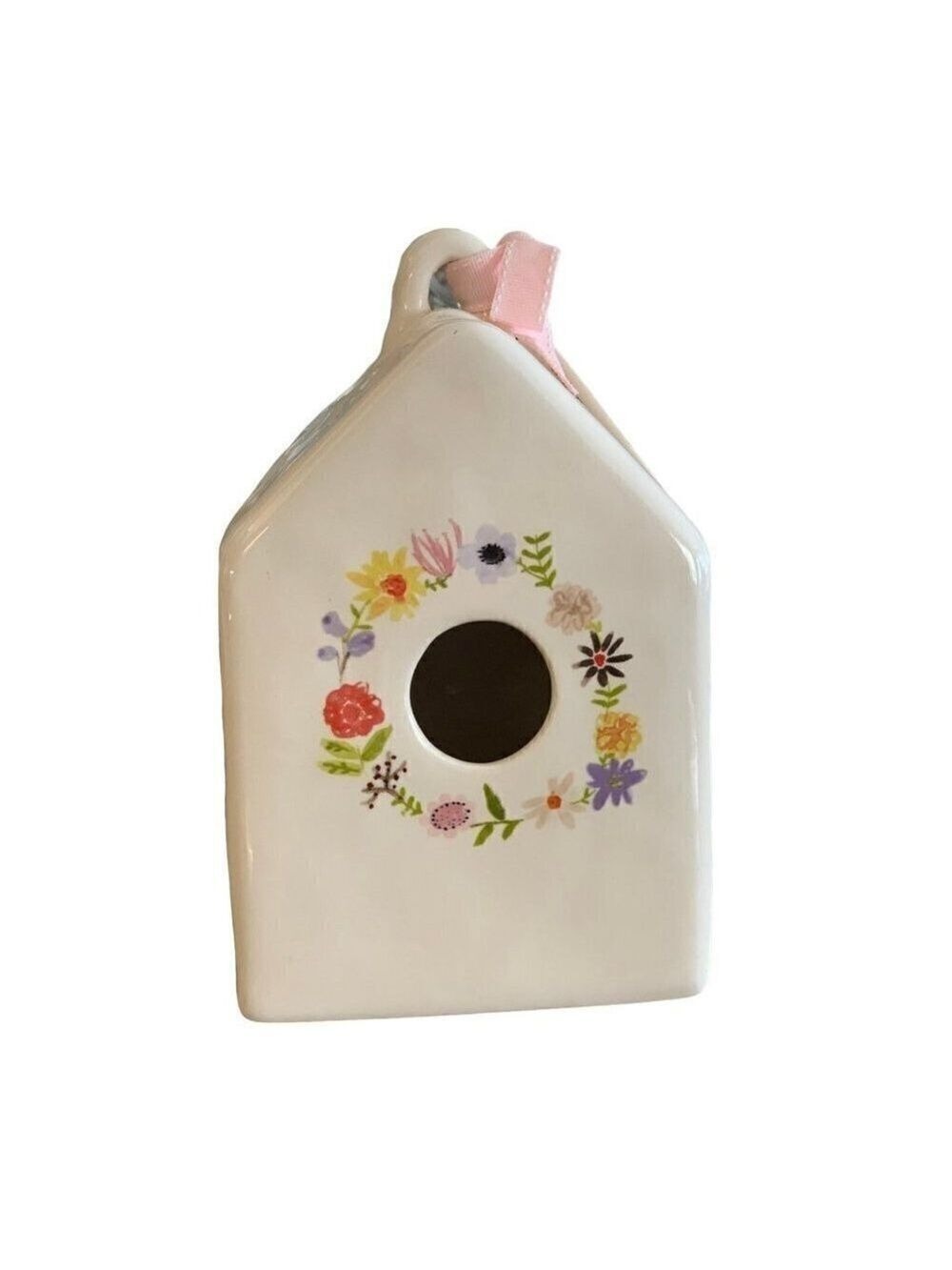 Rae Dunn Watercolor Floral Birdhouse Ceramic Spring Flowers Dimples White Pastel - Picture 6 of 6